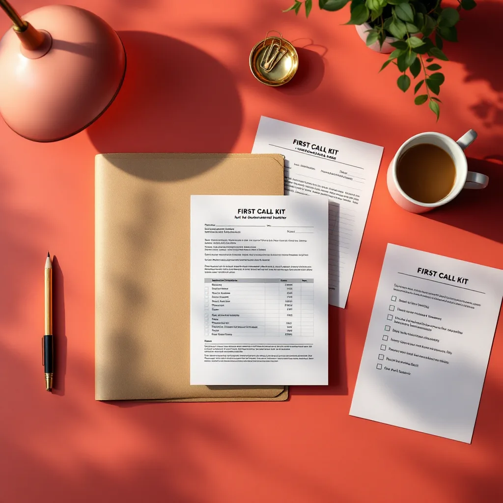 A folder, budget spreadsheet, determination letter and checklist laid out on a blush desk