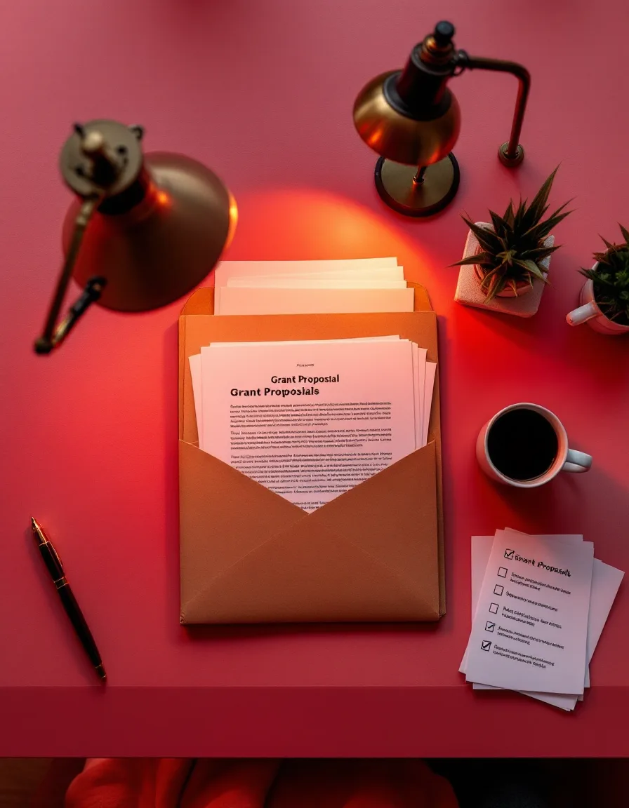 An open project folder with proposal pages, a fountain pen and a handwritten checklist under a brass lamp